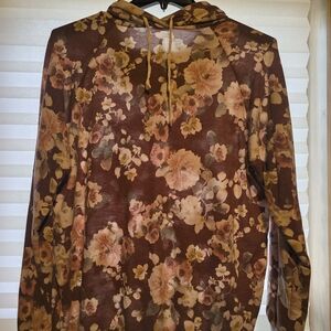 Floral Hooded Pullover in Heather Gray and Mauve